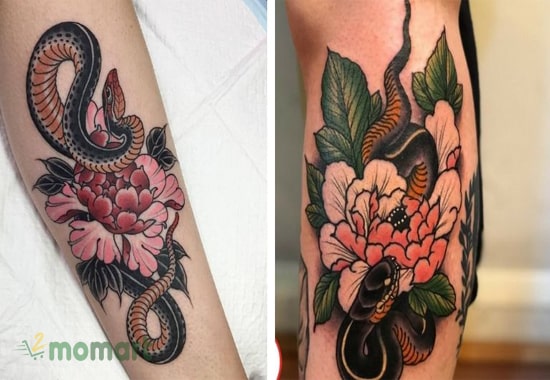 Hình tattoo rắn và hoa mẫu đơn đại diện cho sự giàu sang