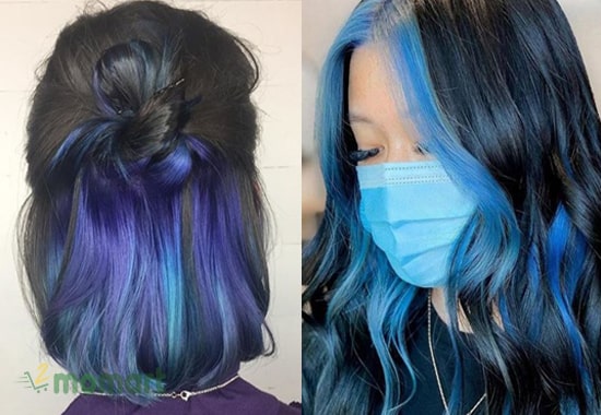 Nhuộm tóc highlight xanh dương phần mái tạo điểm nhấn ấn tượng