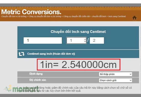 Công cụ metric-conversions.org quy đổi inch sang cm