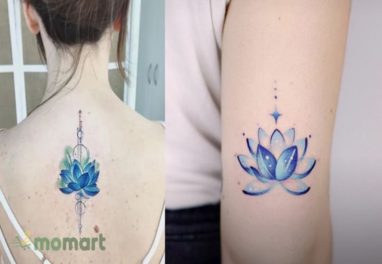 Xăm hình hoa sen màu xanh nhỏ xinh trên cánh tay