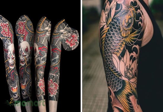 Hình tattoo Nhật cổ đầy cuốn hút trên cả cánh tay