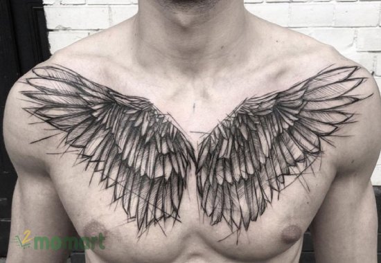 Hình xăm đôi cánh ở ngực phác vẽ ấn tượng cho nam