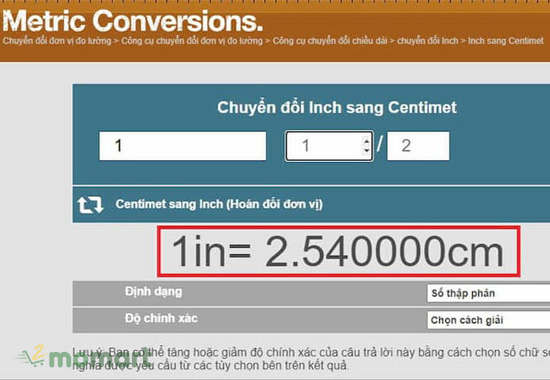 Công cụ metric-conversions.org quy đổi inch sang  cm