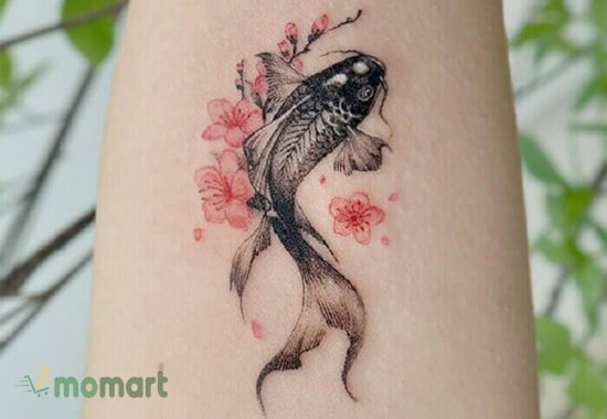 Tattoo hoa anh đào và cá koi với đường nét đơn giản