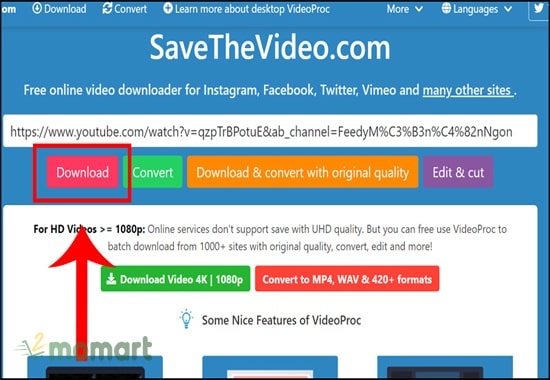 Dán link video cần tải vào trang SaveTheVideo