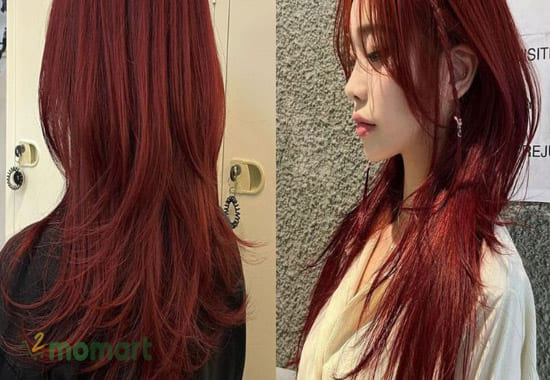 Màu nhuộm đỏ cherry kiểu layer khiến cho tóc dày dặn hơn