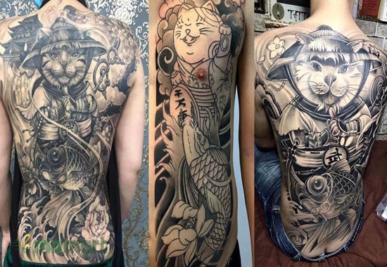 Hình tattoo cá chép và mèo thần tài ở lưng đặc biệt nổi bật