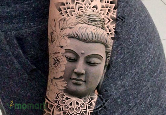 Hình xăm Phật cùng với hoa sen full bắp tay