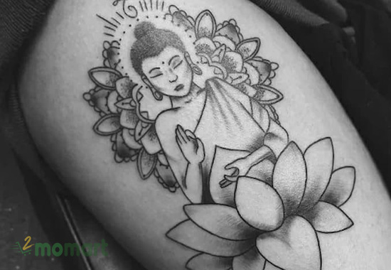 Mẫu hình xăm mặt Phật hoa sen nhỏ ở bắp tay