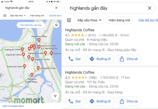Hướng dẫn cách tìm quán Highlands gần đây bằng google maps