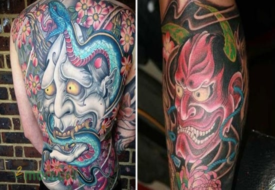 Mẫu tattoo mặt quỷ với hoa mẫu đơn rực rỡ và cá tính 