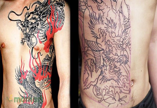 Tattoo rồng sặc rỡ tạo điểm nhấn trên phần bụng