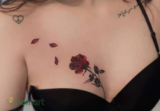 Hình họa bì hoa hồng đỏ vô cùng quyến rũ trên ngực bạn nữ