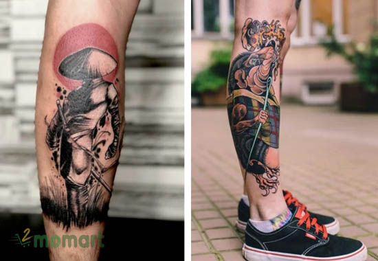 Hình tattoo Nhật cổ trên bắp chân đầy lôi cuốn