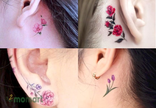 Hình xăm bông hoa mini ở tai cho nữ