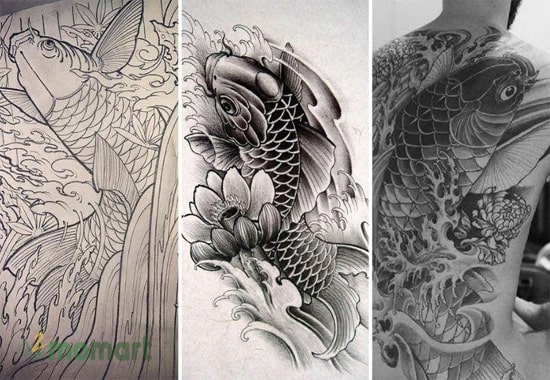 Mẫu tattoo cá chép với hoa sen mới lạ